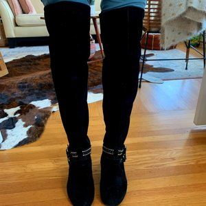 BCBG Black Suede Studded Thigh High Boots